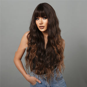 Dark Brown Dyed Light Brown Bangs Long Curly Hair Wigs Mechanism Headgear